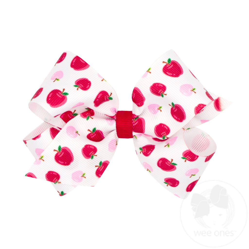 Apple Pink Medium Back to School Print Grosgrain Hair Bow