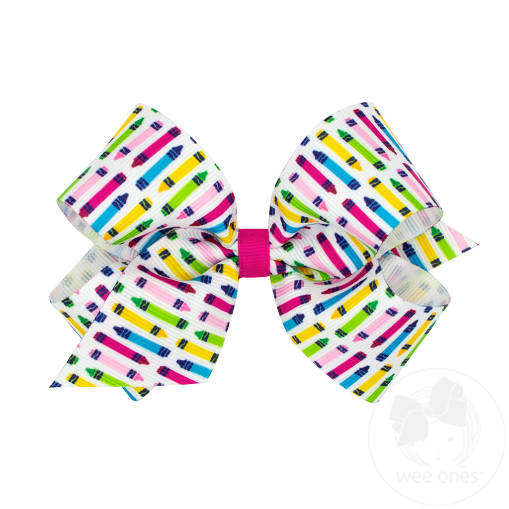 Crayons Medium Back to School Print Grosgrain Hair Bow