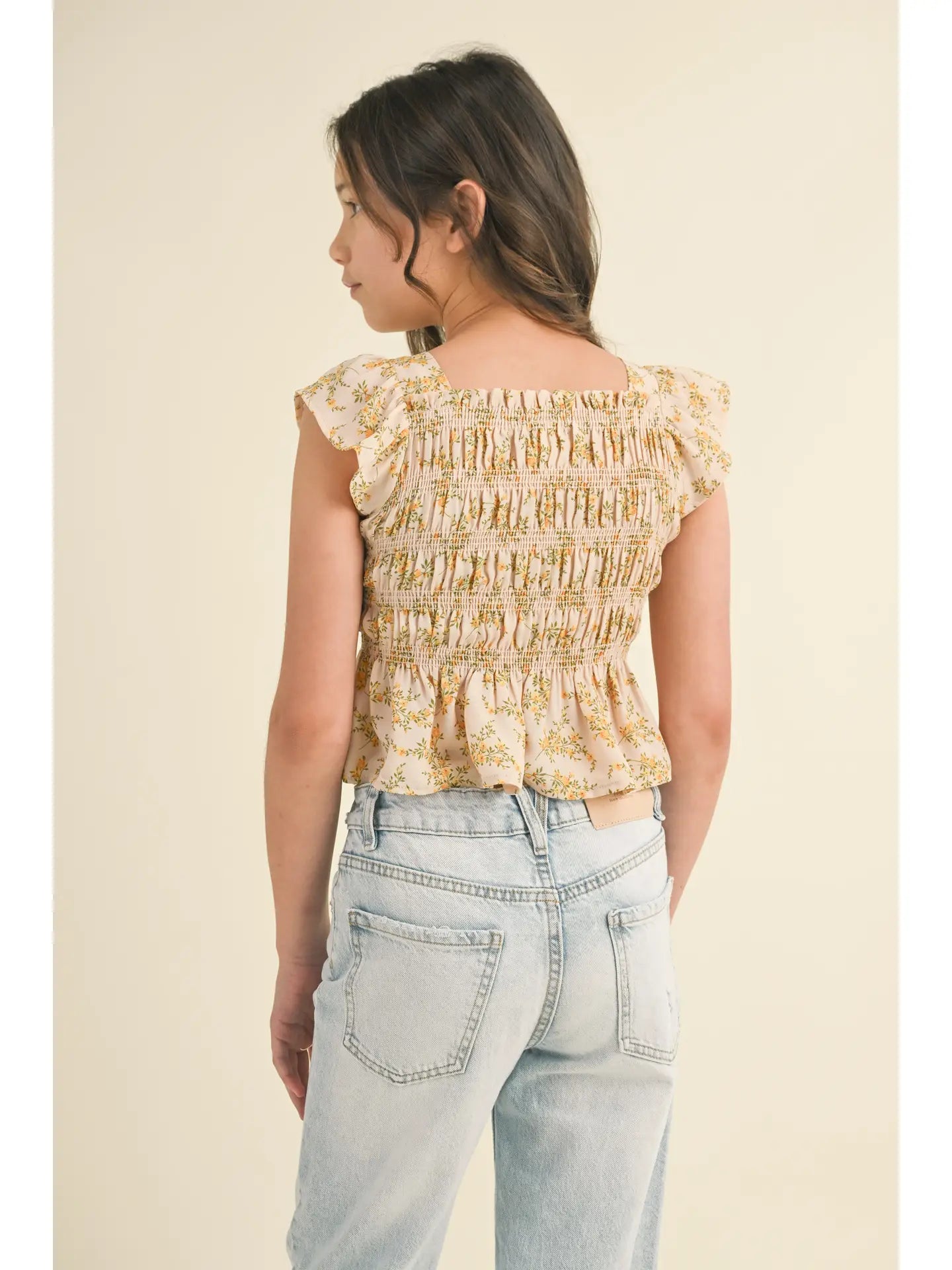Floral Flutter Sleeve Smocked Top