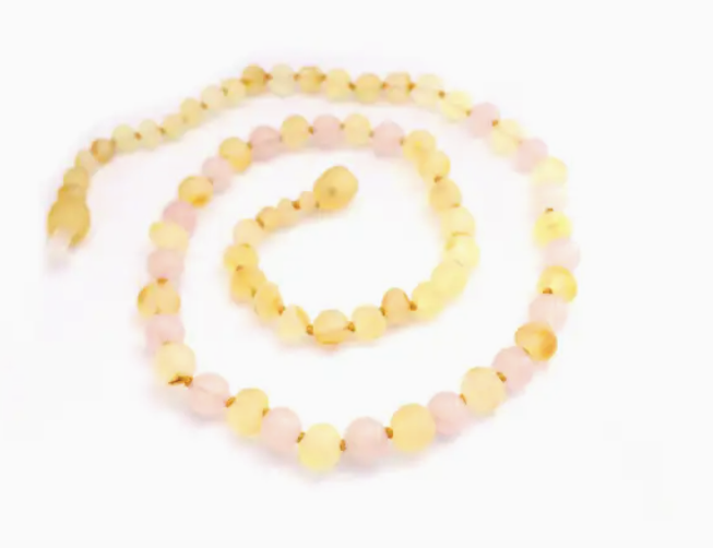 Amber & Gemstone Necklace Raw Lemon & Rose Quartz
