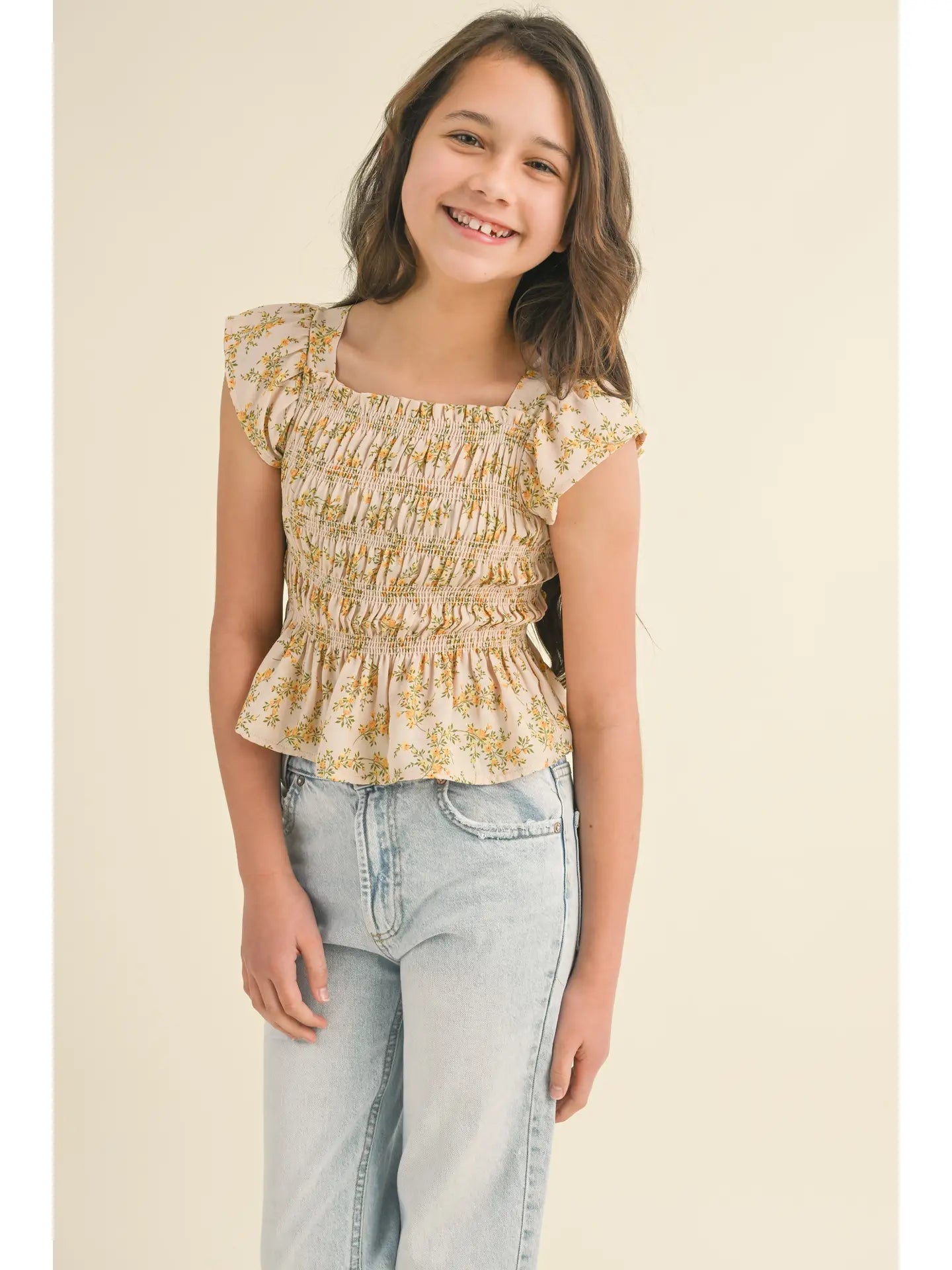 Floral Flutter Sleeve Smocked Top