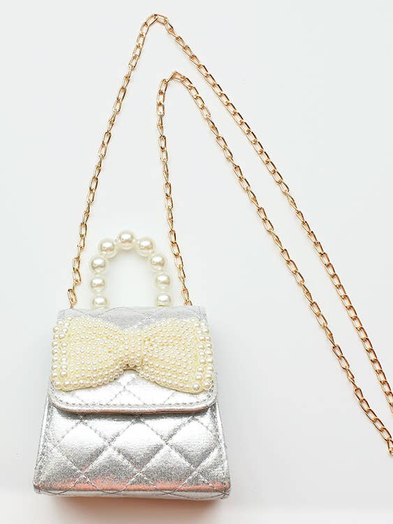 Silver Metallic Pearl Bow Purse