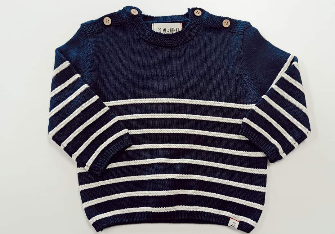 Navy Breton Sweater With Cream Stripes