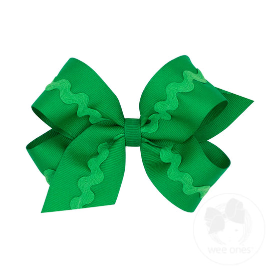 Green Medium Grosgrain Hair Bow with Ric-Rac Trim
