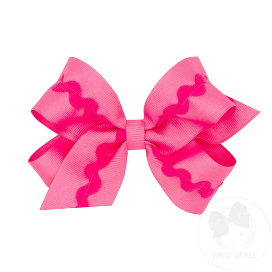 Hot Pink Medium Grosgrain Hair Bow with Ric-Rac Trim