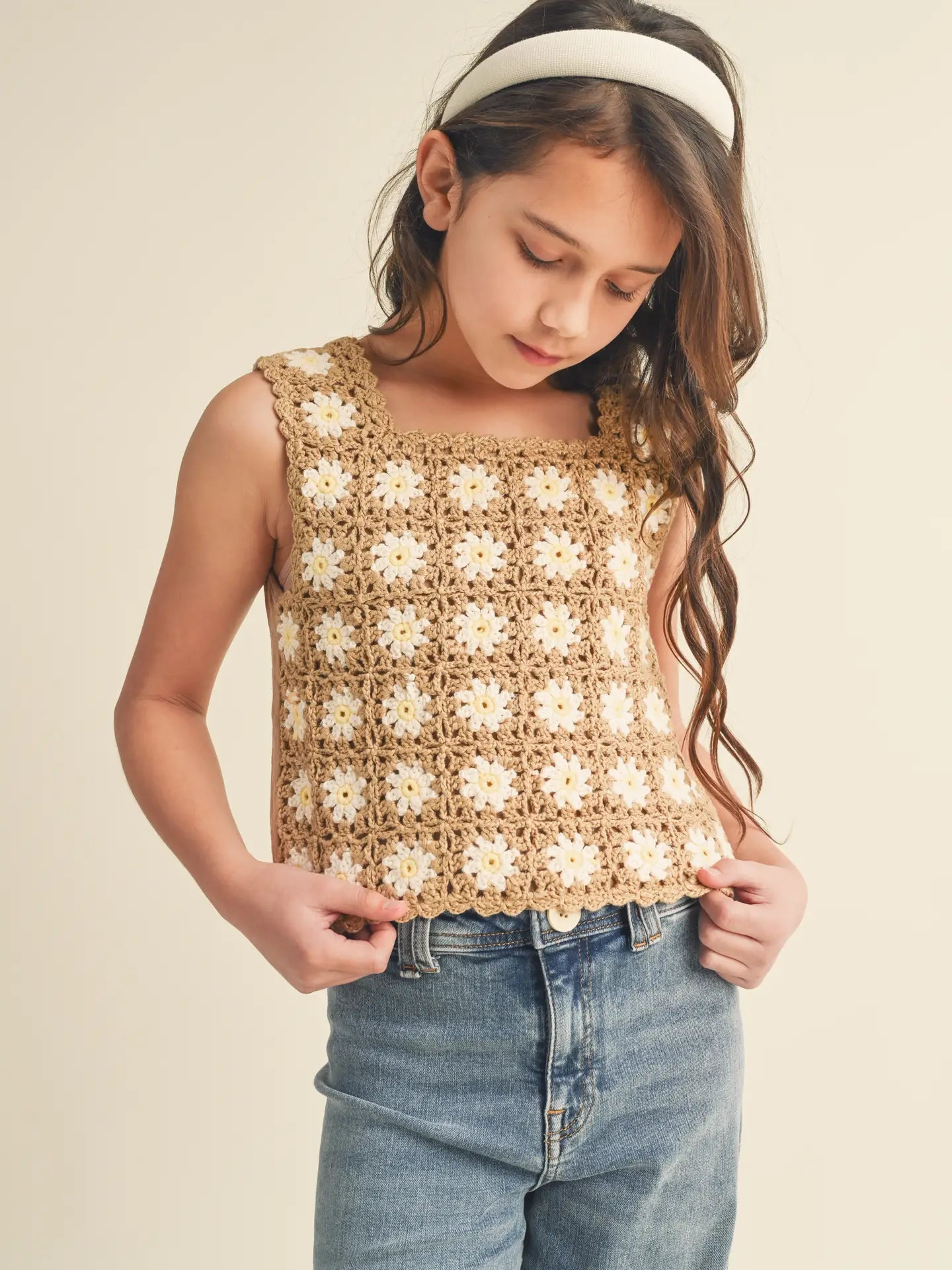 Tan and Floral Sleeveless Crochet Top