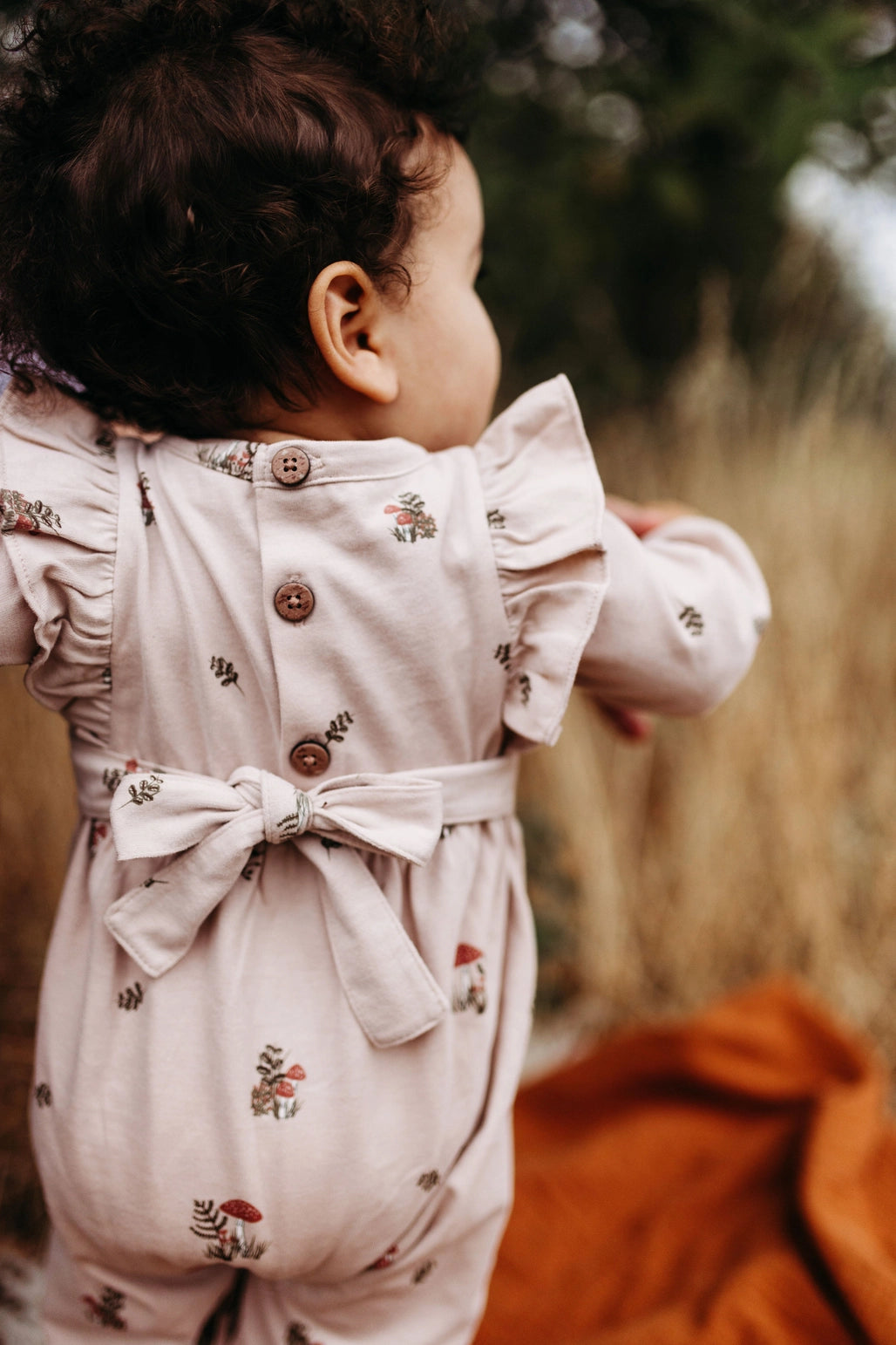 Blush Mushrooms- Flutter Sleeve Long Leg Romper