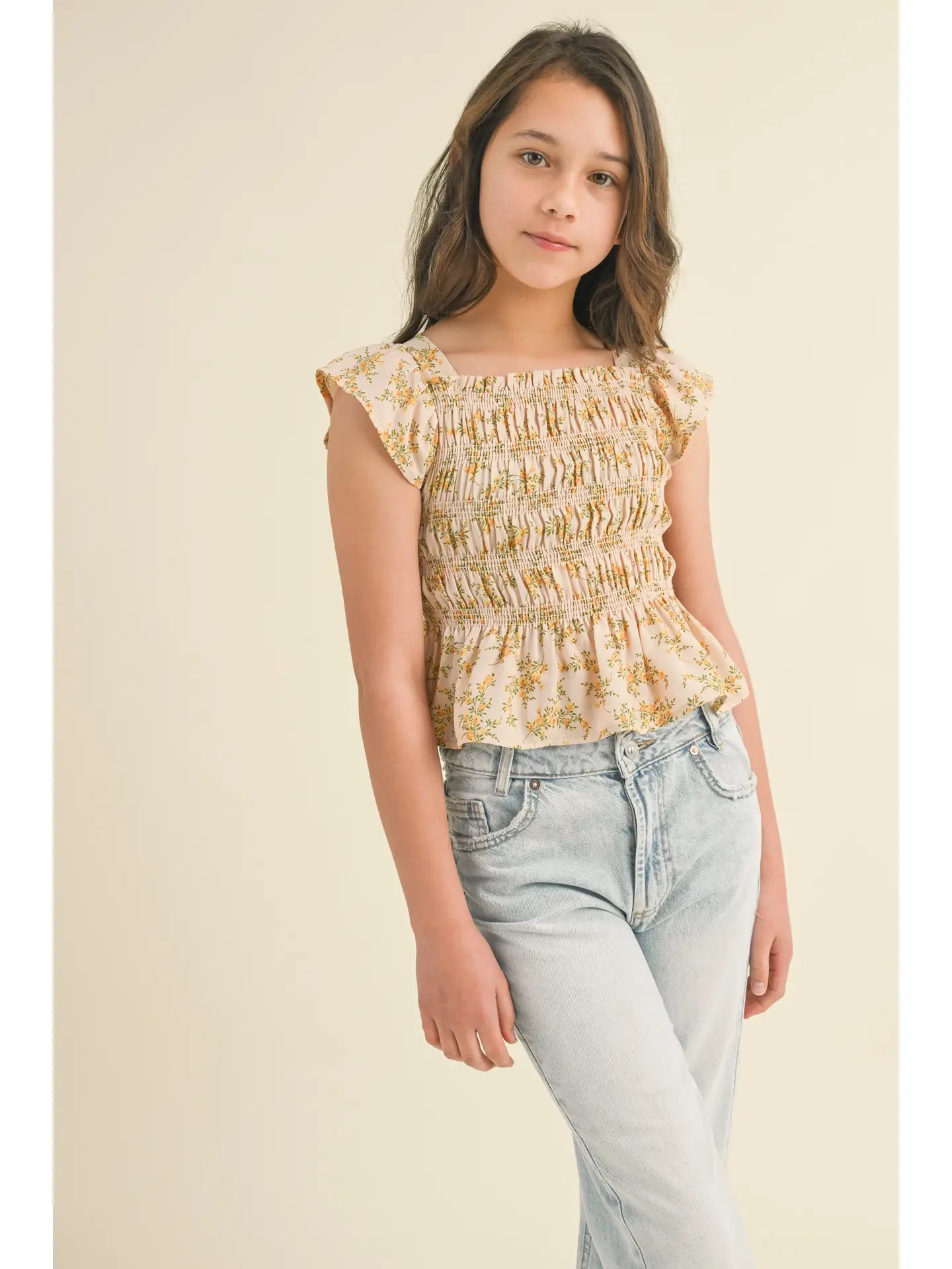 Floral Flutter Sleeve Smocked Top