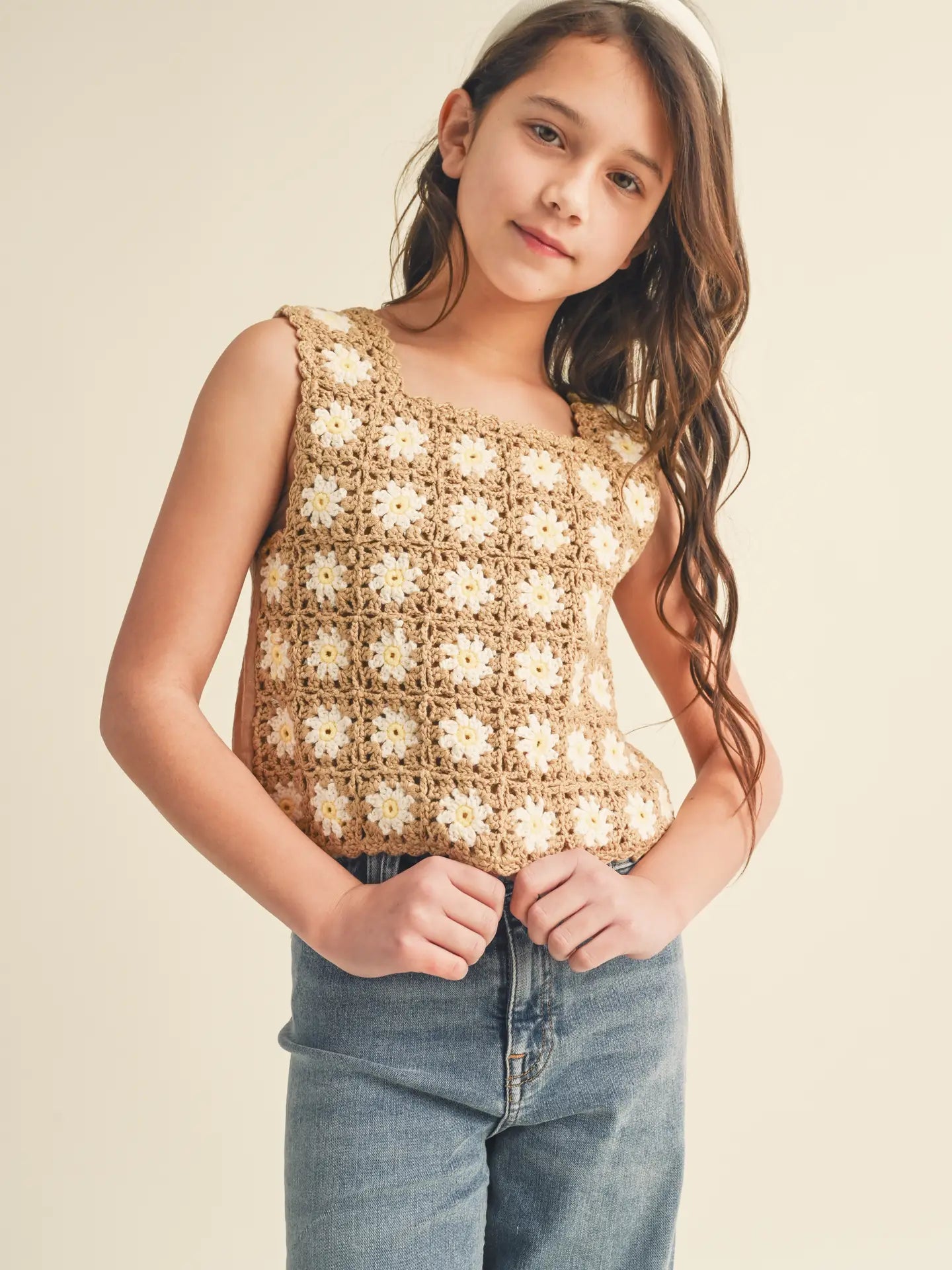 Tan and Floral Sleeveless Crochet Top