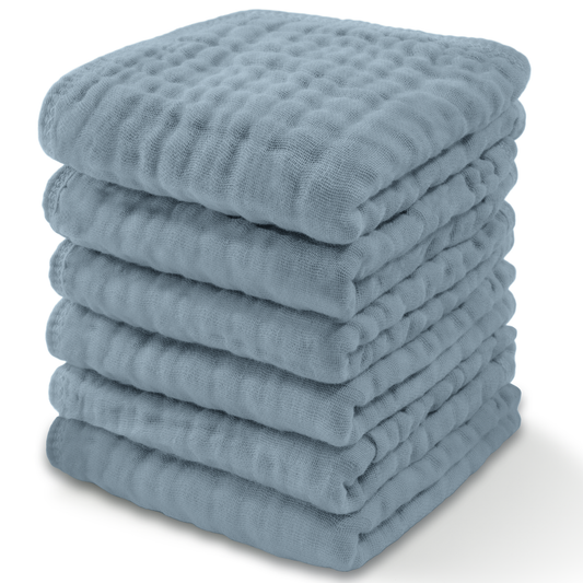 Baby Washcloths 100% Muslin Cotton by Comfy Cubs: Pack of 6 / Pacific Blue