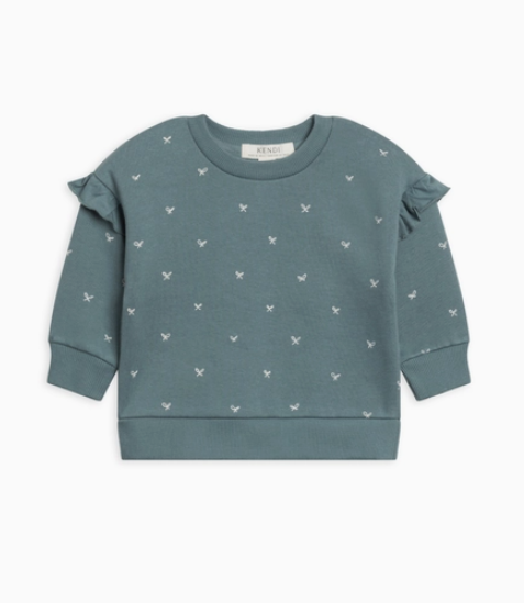 Abbey Fleece Ruffle Sleeve Pullover- Bow/Teal