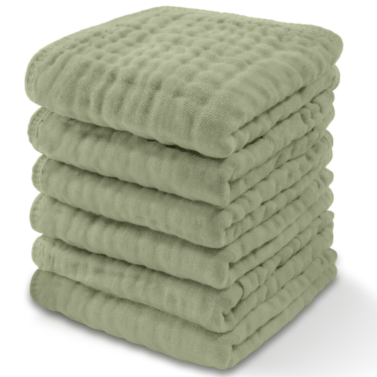 Baby Washcloths 100% Muslin Cotton by Comfy Cubs: Pack of 6 / Sage