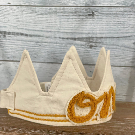 First Birthday Crown with Mustard Crochet Writing