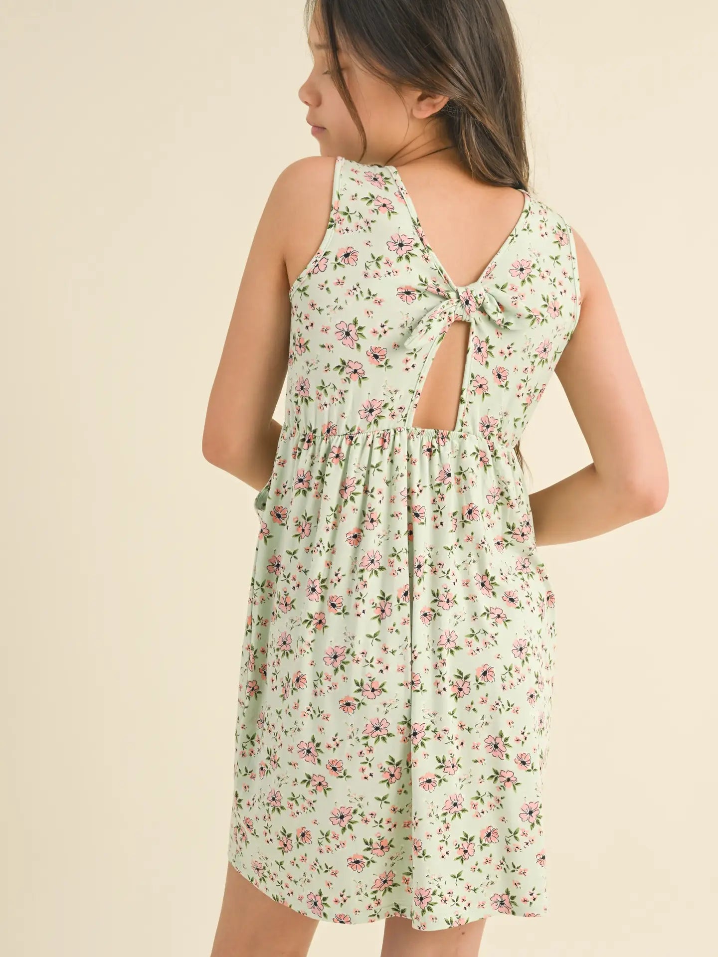 Green Floral Sleeveless Tie Back Knit Dress