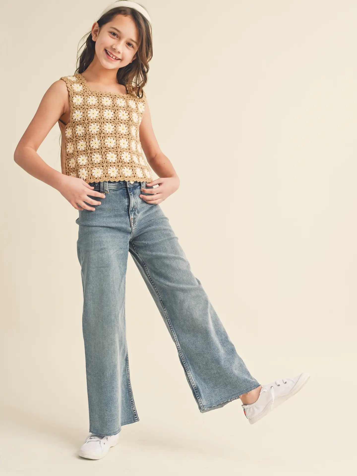 Tan and Floral Sleeveless Crochet Top
