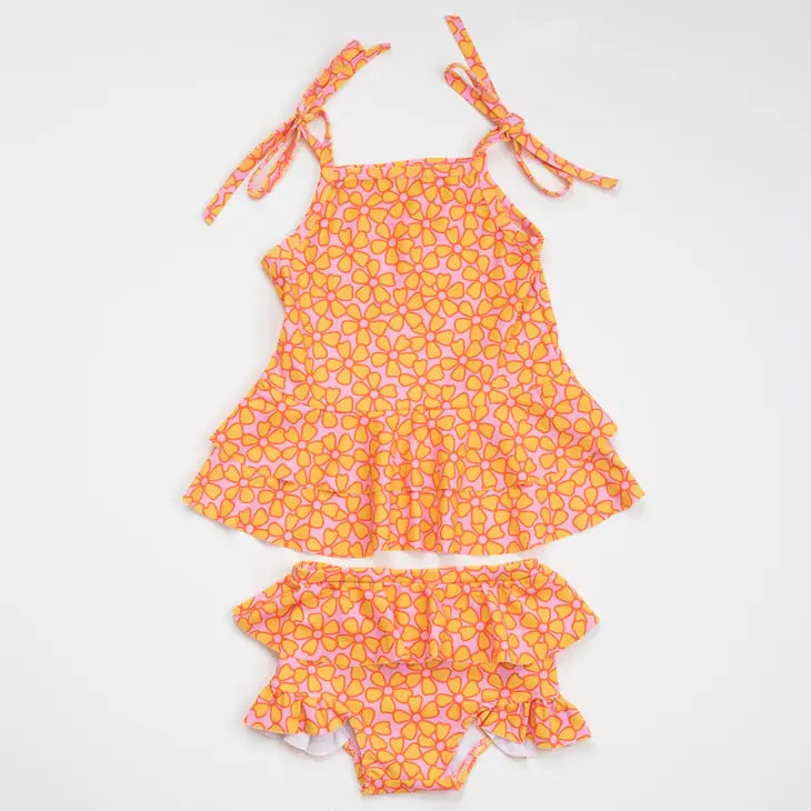 Pink and Yellow Two-Piece Ruffle Swimsuit
