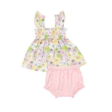 Mixed Retro Floral Ruffle Strap Smocked Top And Diaper Cover