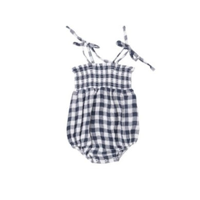 Navy Gingham Tie Strap Smocked Bubble