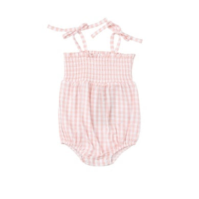Pink Mini Gingham Tie Strap Smocked Bubble