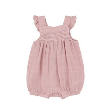 Dusty Pink Solid Muslin Smocked Front Overall Shortie