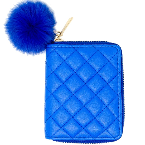 Blue Leather Quilted Pom-Pom Wallet
