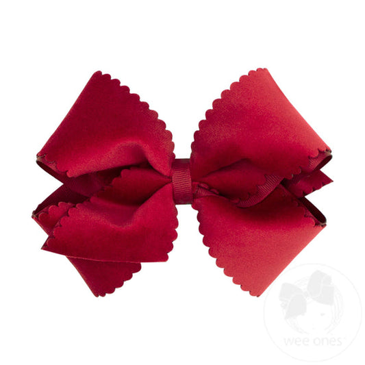 Wee Ones Cranberry Grosgrain Hair Bow with Scalloped Edge Faux Velvet Overlay