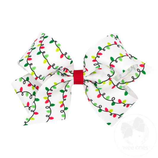 Wee Ones Grosgrain Red and Green Christmas Lights Print Girls Hair Bow